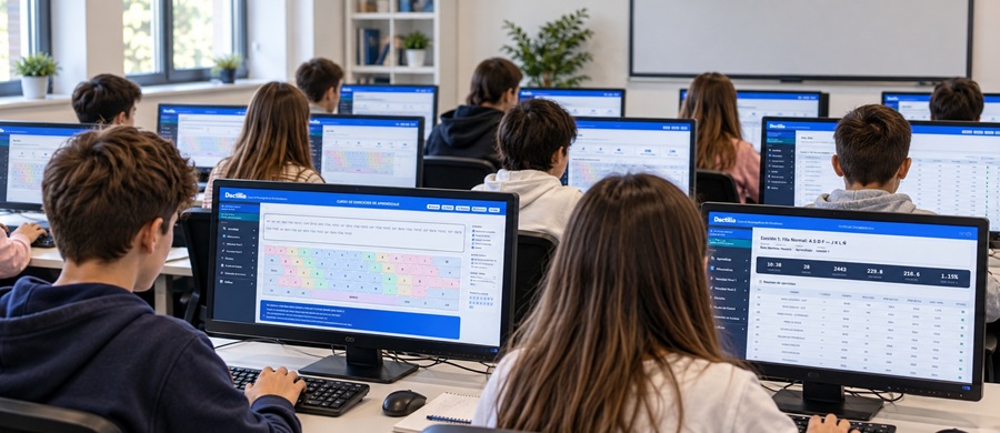Aula de alumnos practicando mecanografía con Dactilia