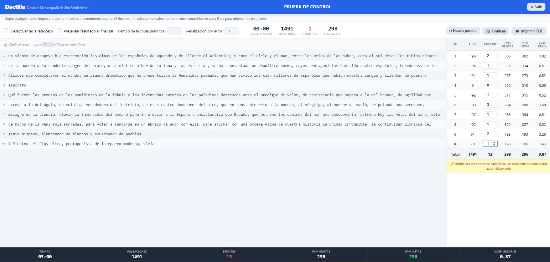 Captura de la Prueba de Control en Dactilia